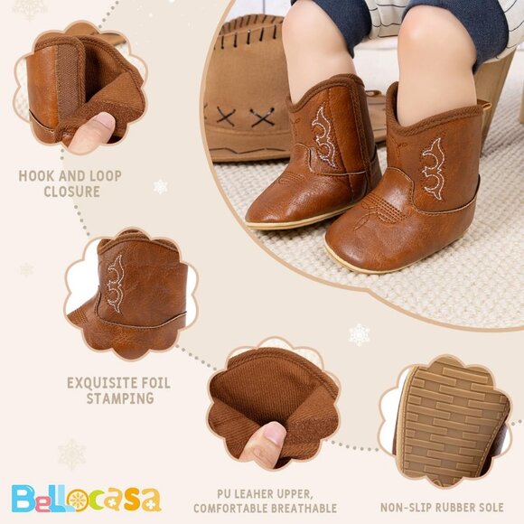 Newborn Boys Girls Brown Faux Leather Non-Slip Soft Sole First Walker Booties - Picture 5 of 6